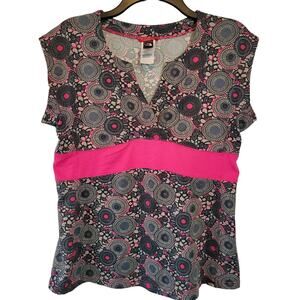 The North Face Gray Pink Shirt Geometric Print Stretch Top Short Sleeve Womens L